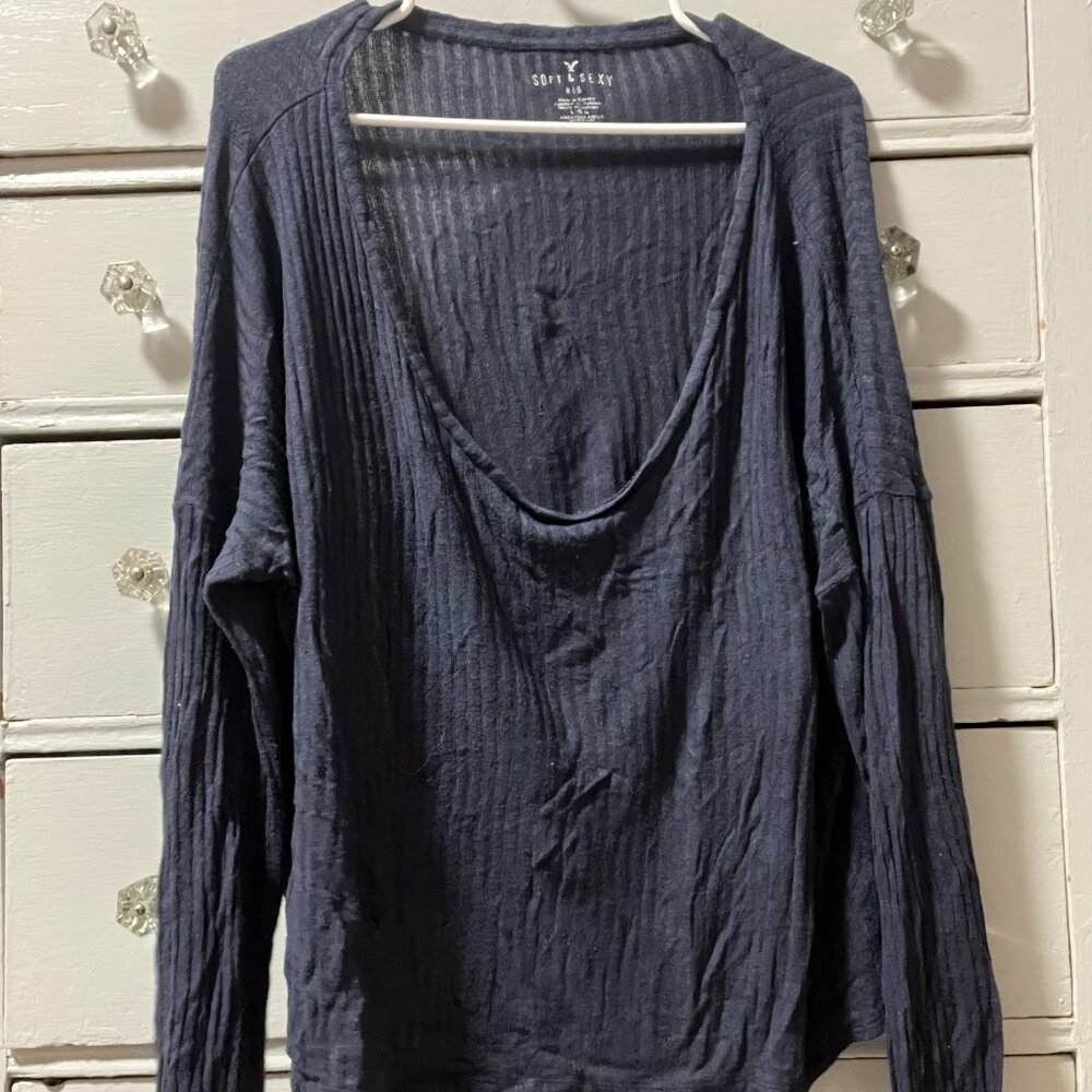 American Eagle Navy Ribbed Slouchy L Sweater (Soft & Sexy Line)